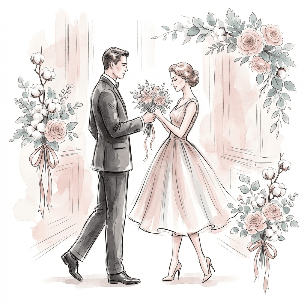 Romantic husband gifting cotton-themed flower arrangement to his wife for their 2nd anniversary