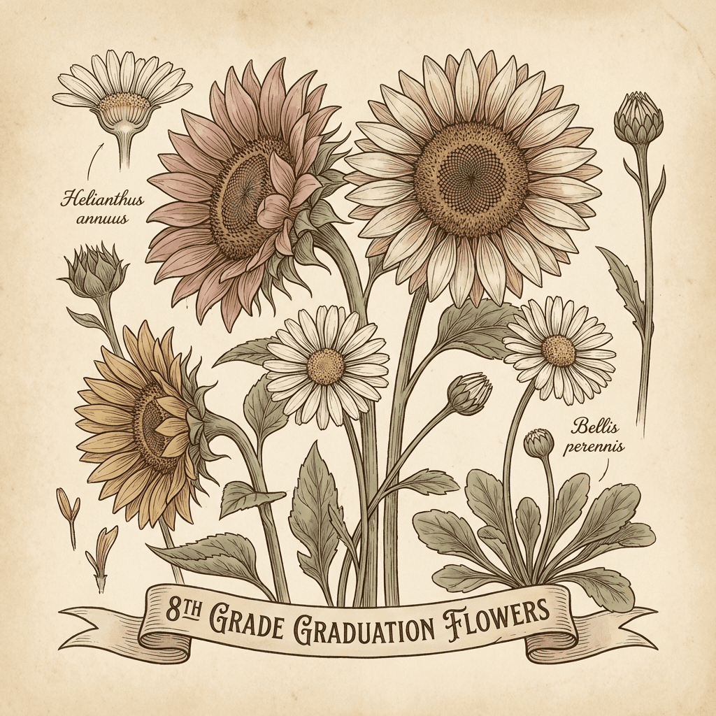 Cheerful 8th-grade graduation flower arrangement with sunflowers and daisies.