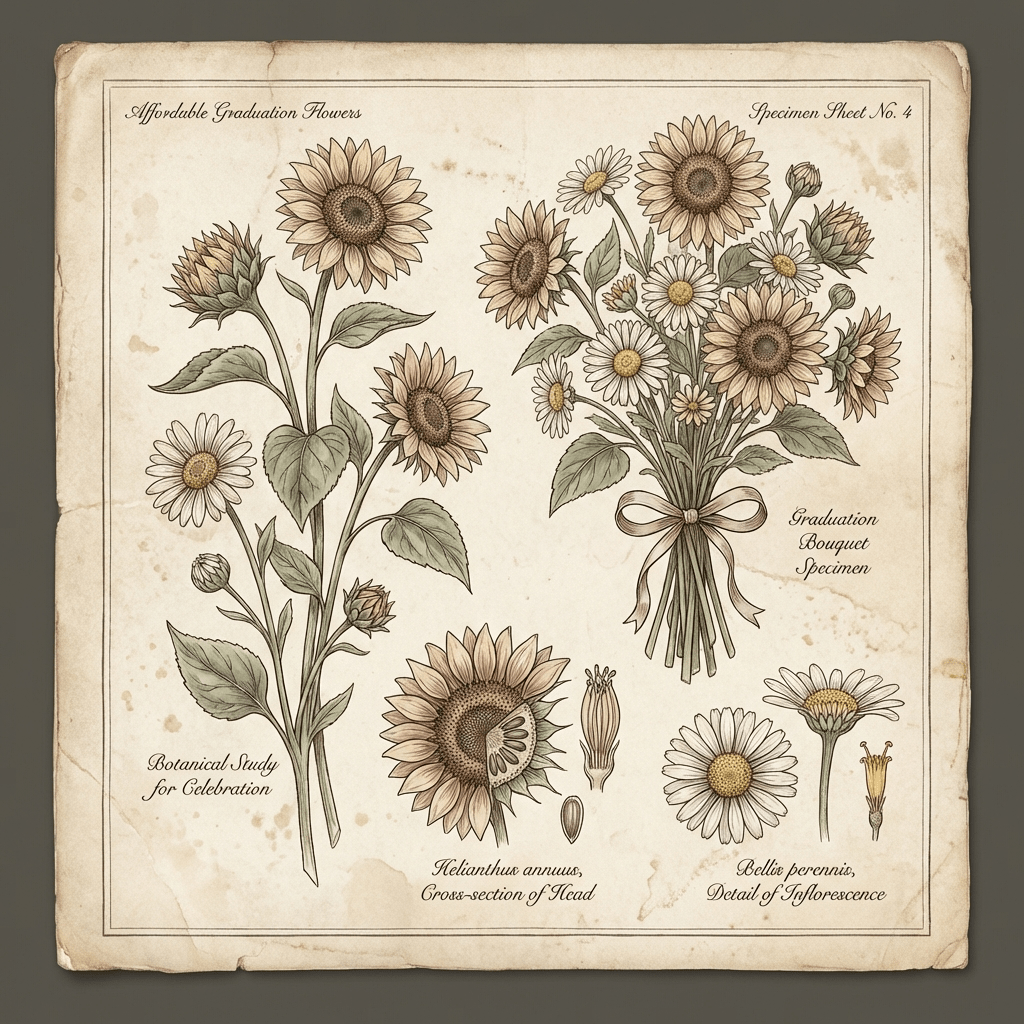 Affordable graduation flower arrangement with sunflowers and daisies.