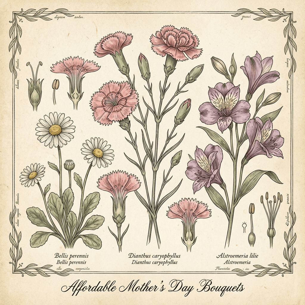 Affordable Mother's Day flowers arrangement with pink carnations, white daisies and purple Alstroemeria