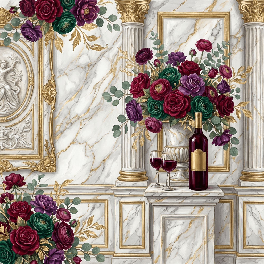 Romantic anniversary flower arrangement with wine.