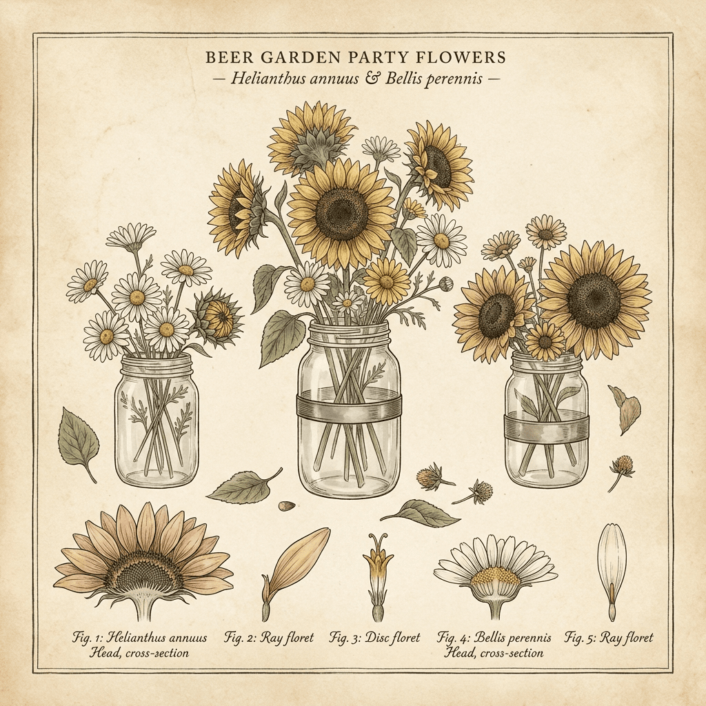 Cheerful sunflowers and daisies arranged in mason jars for a beer garden party.