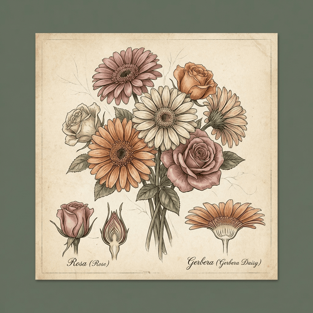 Cheerful birthday flower arrangement with gerbera daisies and roses.