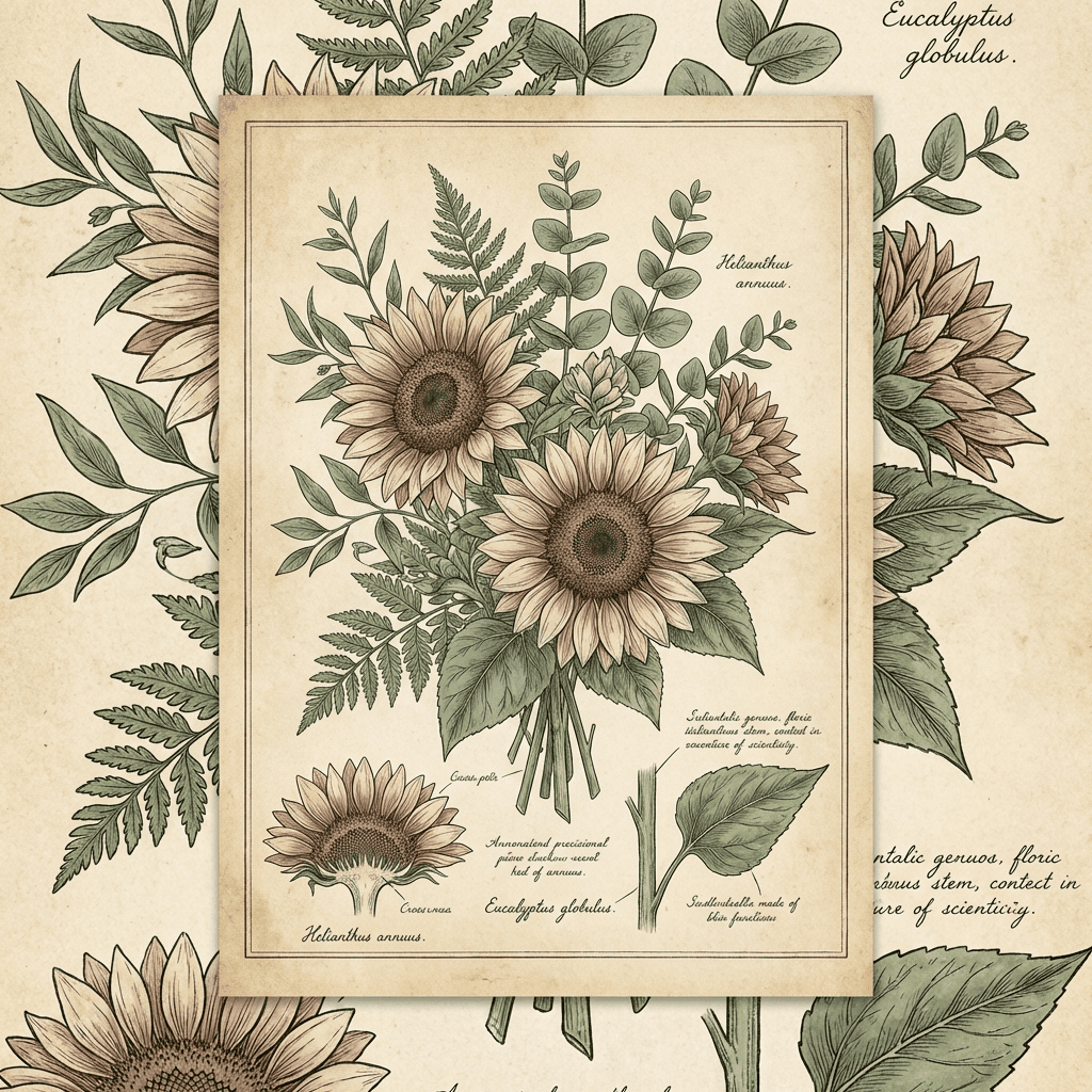 Masculine birthday flower arrangement with sunflowers and green foliage.