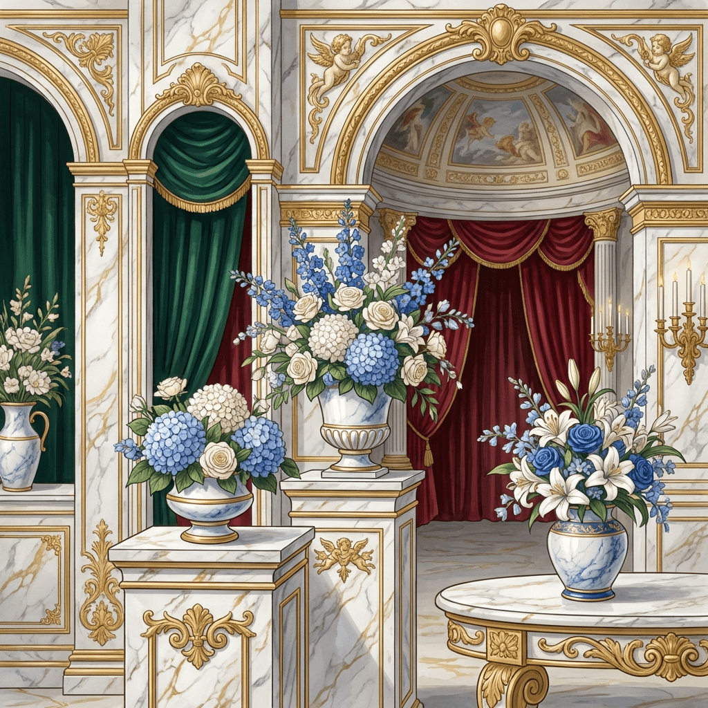Elegant white and blue floral arrangements for a bar mitzvah celebration.