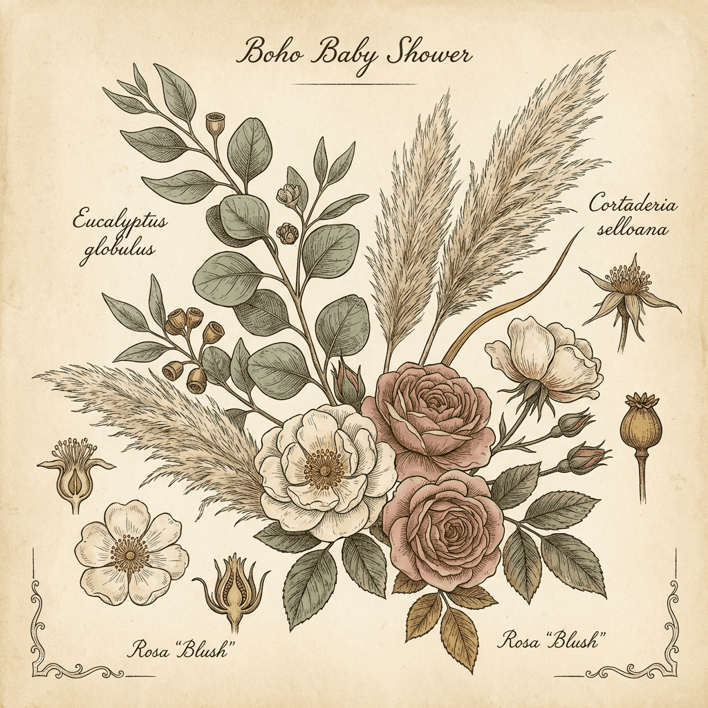 Boho baby shower floral arrangement with eucalyptus, pampas grass, and blush roses