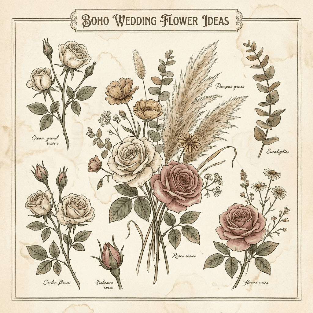 Boho wedding flower arrangements featuring pampas grass and roses