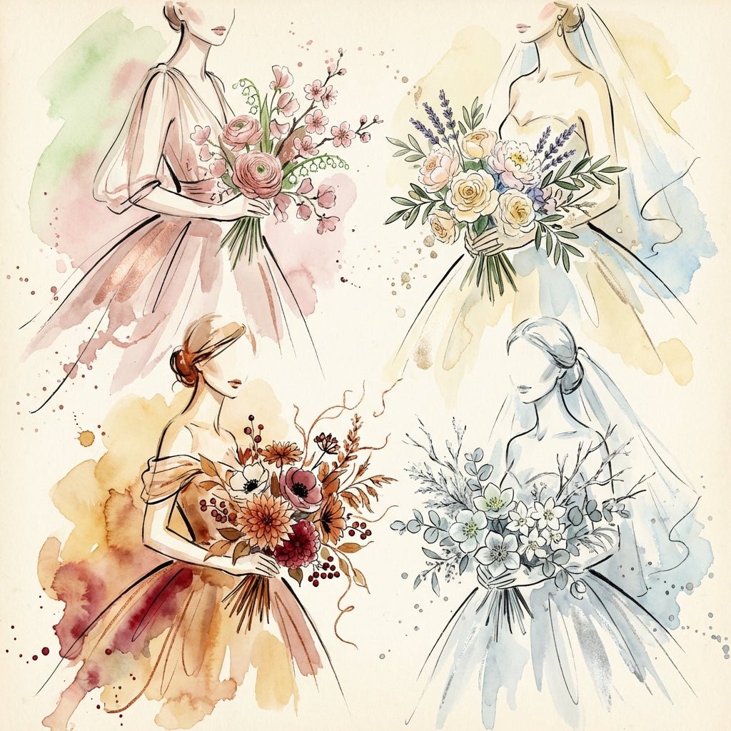 A bride holding a beautiful bridal bouquet with seasonal flowers.