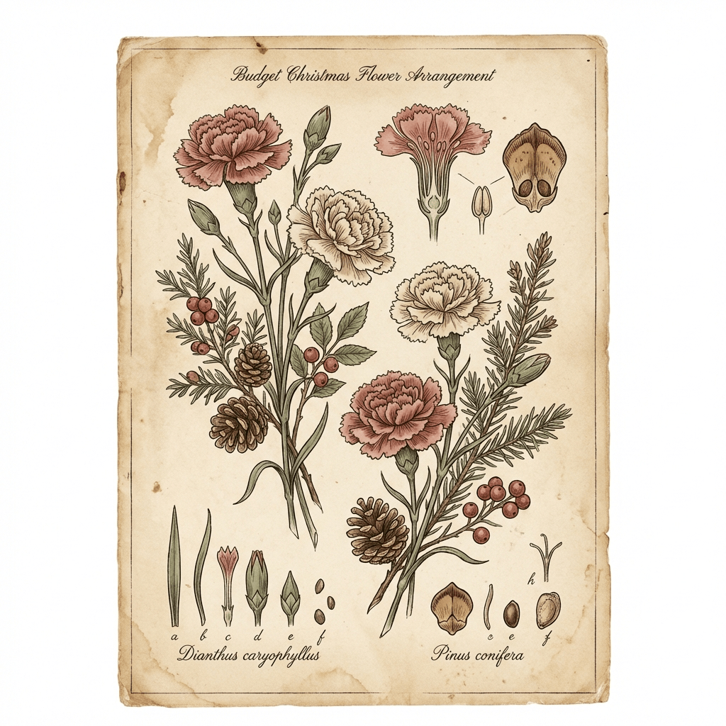 Budget Christmas flower arrangement with carnations and pinecones