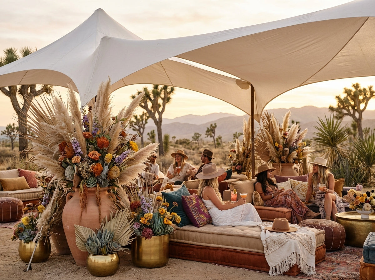 Luxury VIP lounge with desert floral installations at Joshua Tree music festival