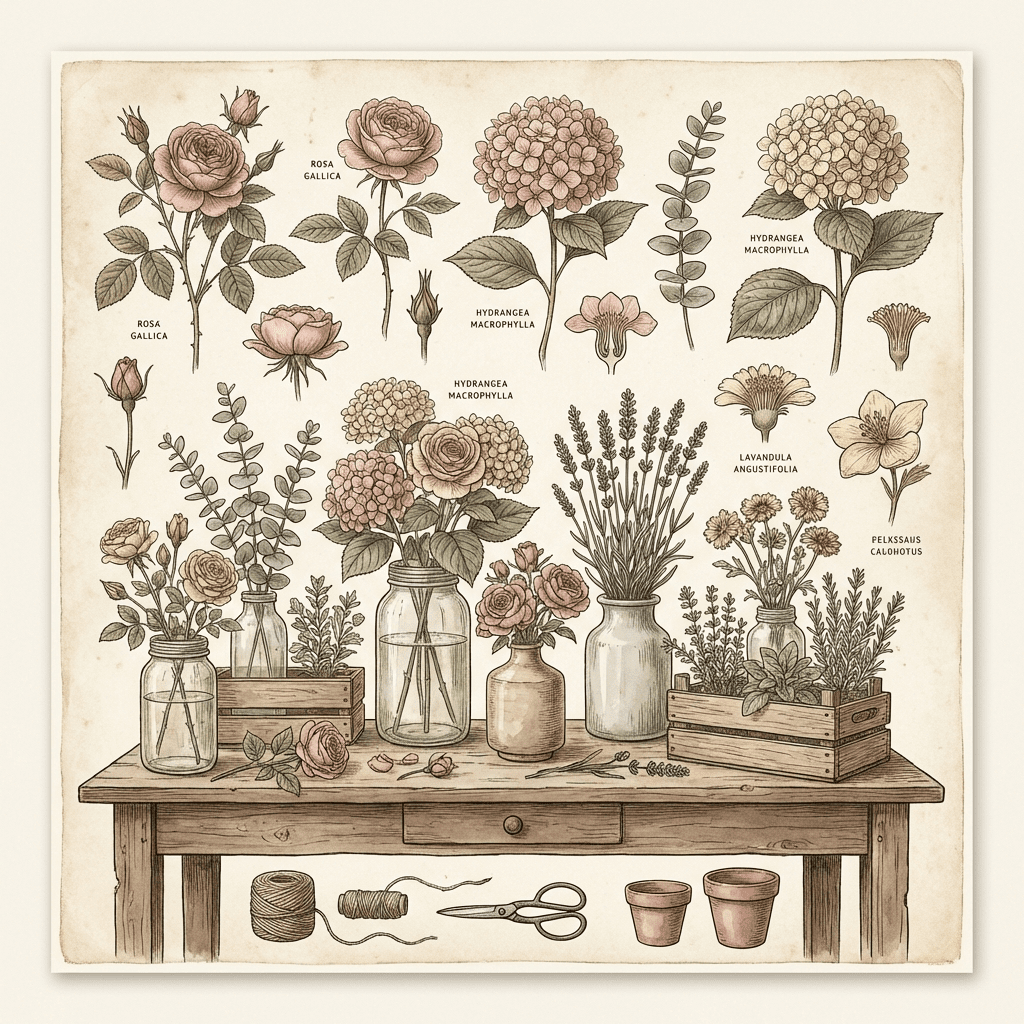 DIY flower bar party setup with various flowers and containers.