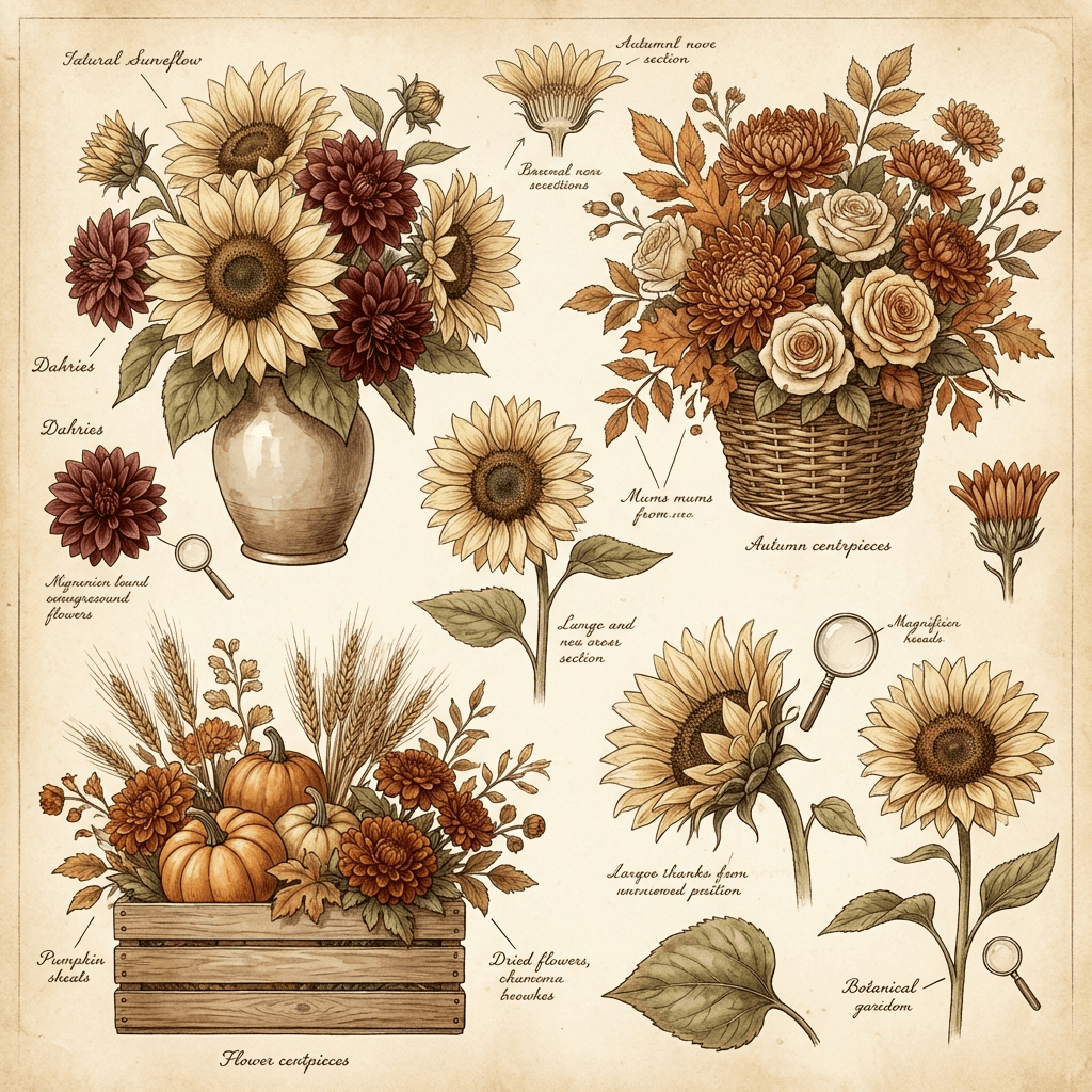 Fall harvest party centerpiece with sunflowers, dahlias, and mums