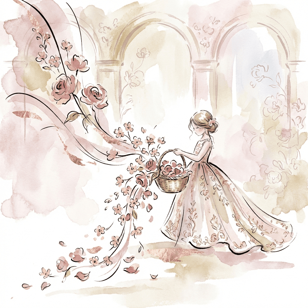 Adorable flower girl with basket full of rose petals at a wedding.