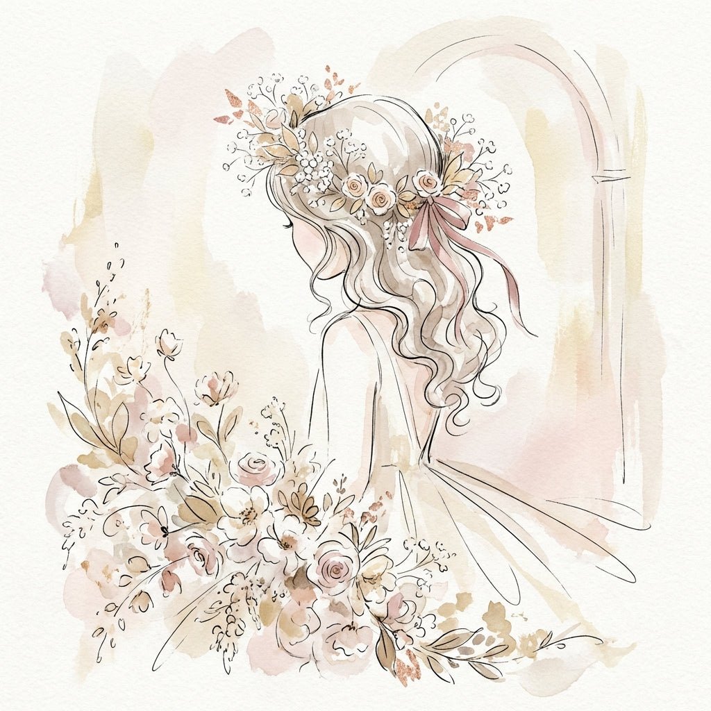 Flower girl wearing a halo crown made of baby's breath.
