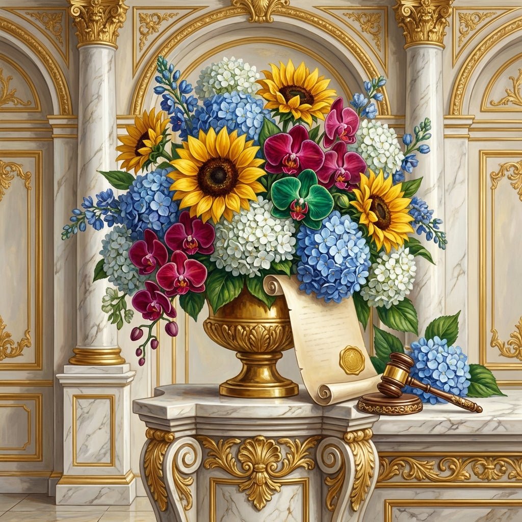 Elegant floral arrangement featuring sunflowers, orchids, and hydrangeas, perfect for congratulating someone on passing the bar exam.