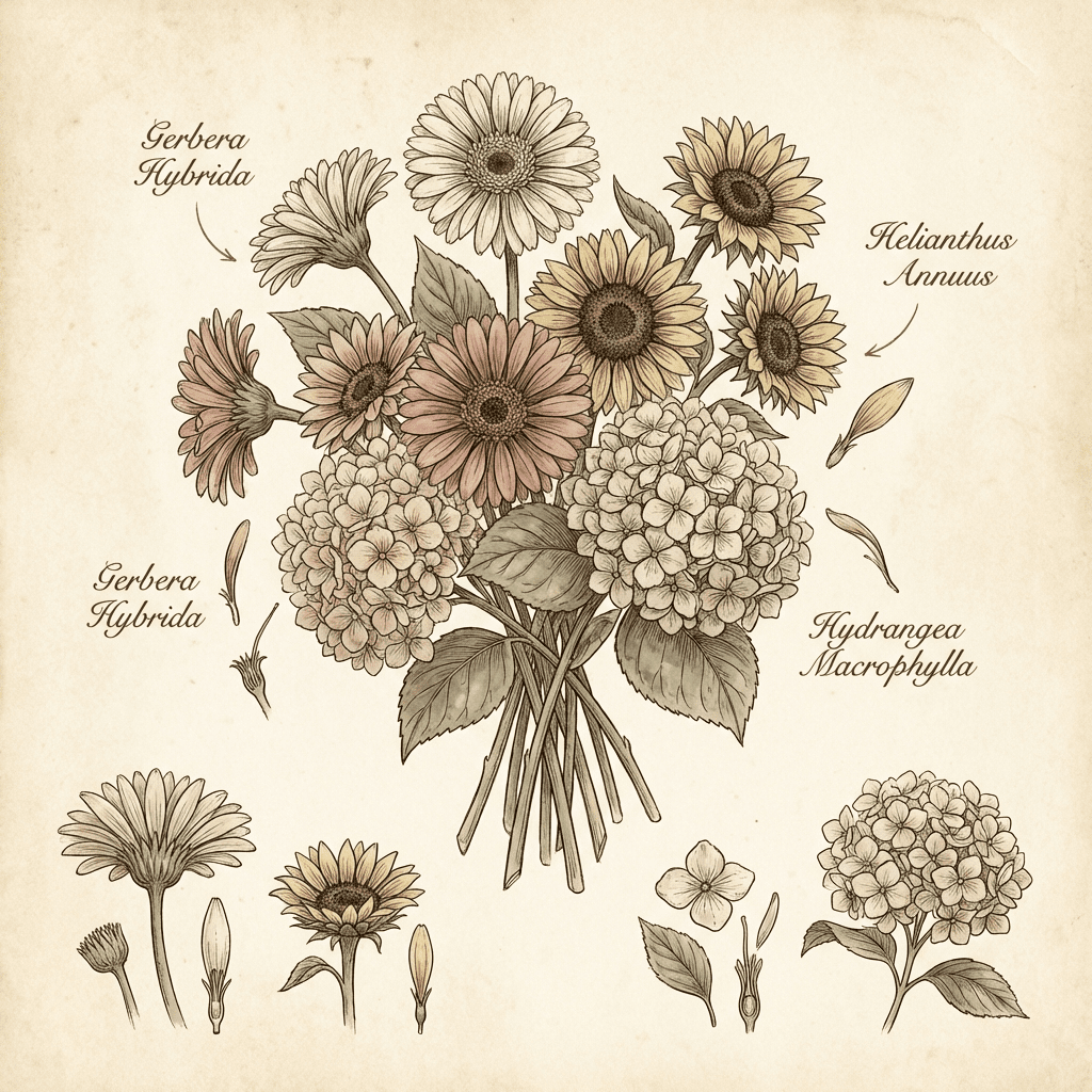 A cheerful bouquet of gerbera daisies, sunflowers, and hydrangeas, perfect for surgery recovery.