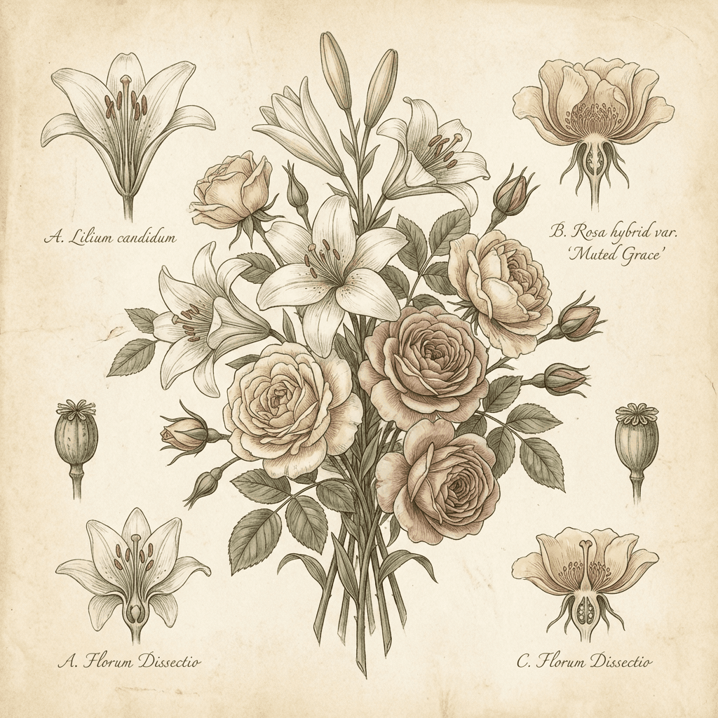 Elegant funeral flower arrangement with white lilies and roses