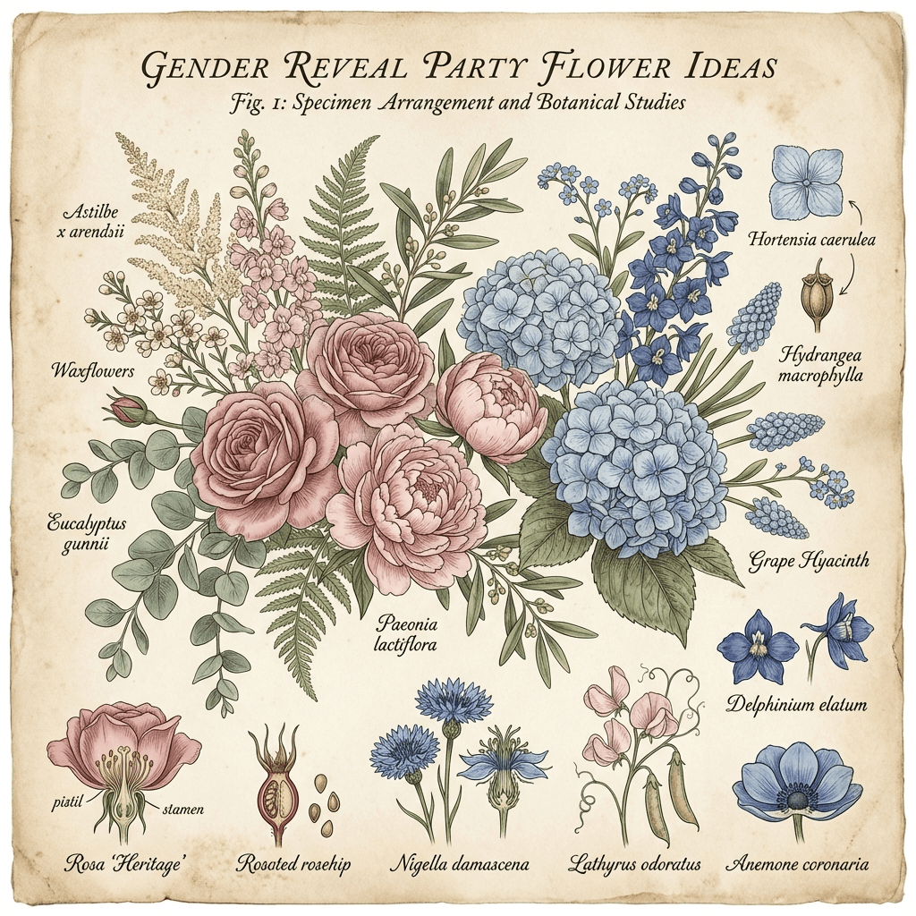 Pink and blue flower arrangement for a gender reveal party