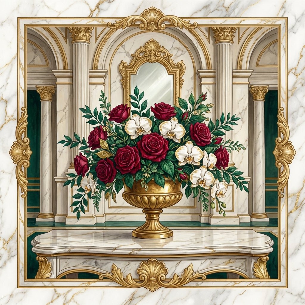 Elegant hotel lobby featuring a large floral arrangement with orchids and roses.
