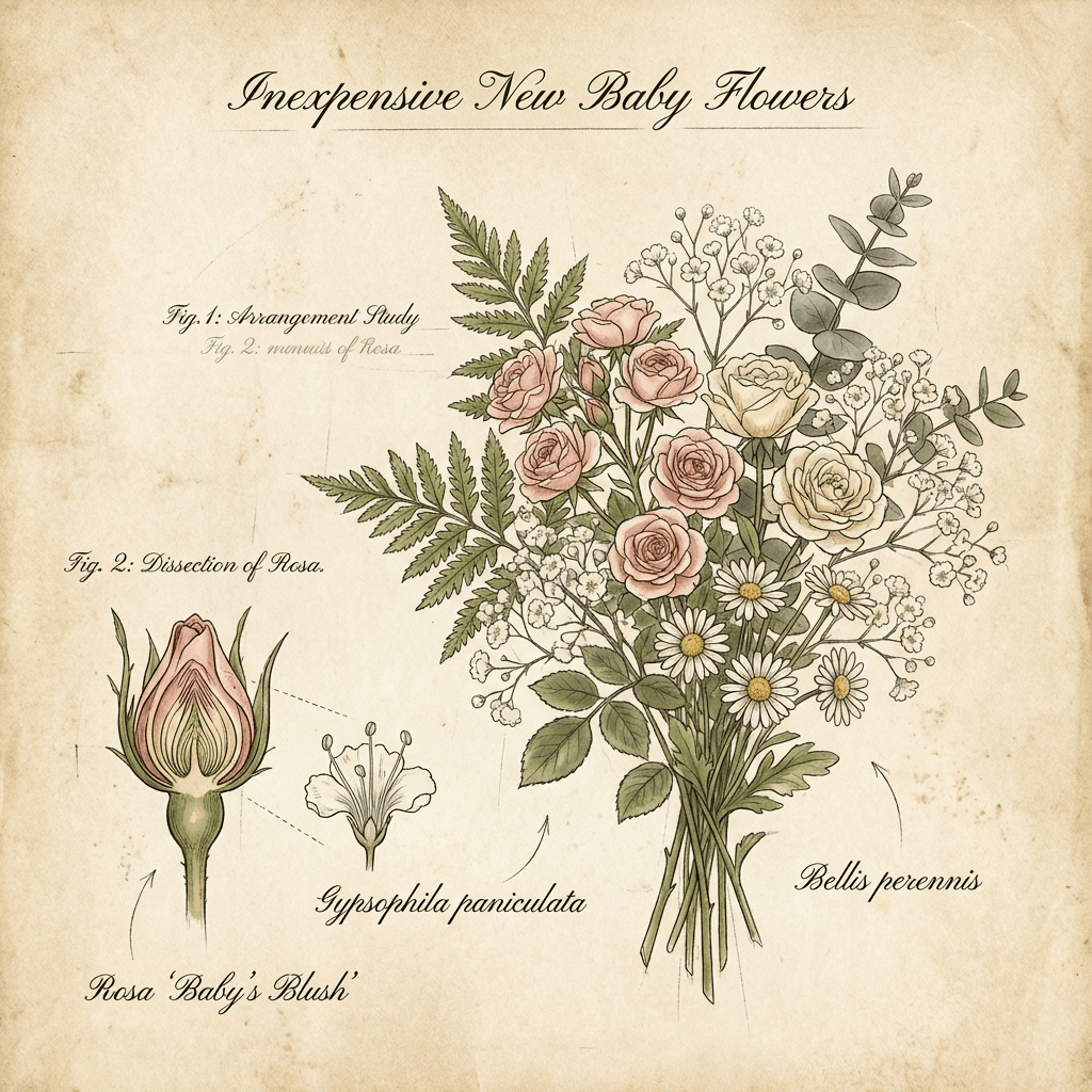 Affordable new baby flowers arrangement with pink and white blooms