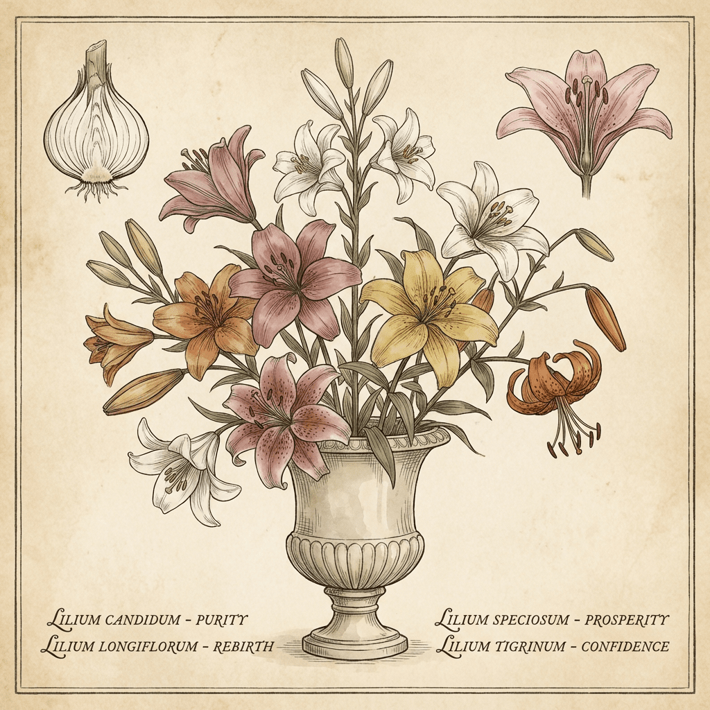 Assorted lily colors in a vase, each representing a different meaning