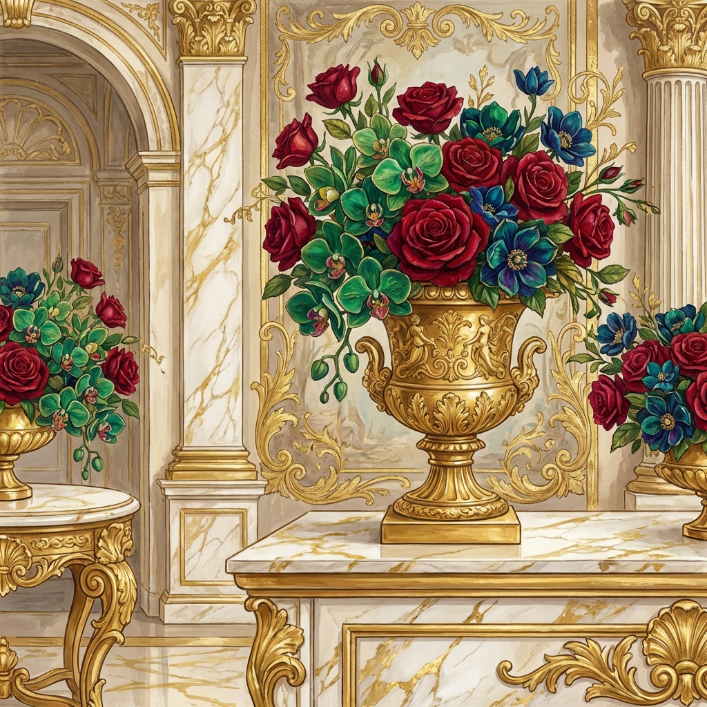 Luxury anniversary flower arrangement with orchids and roses