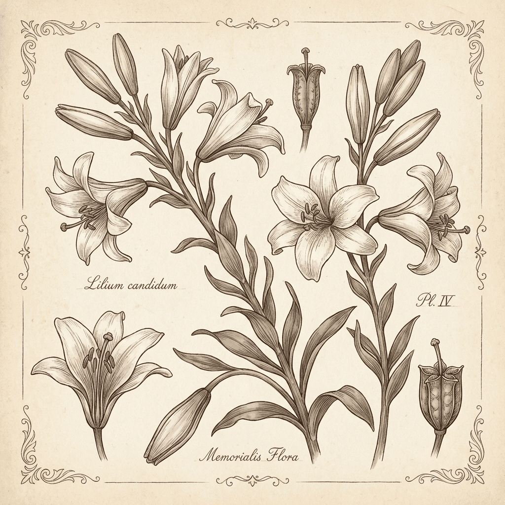 Elegant white lily memorial flower arrangement.