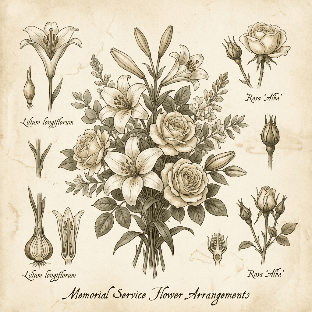 Elegant memorial service flower arrangement with white lilies and roses