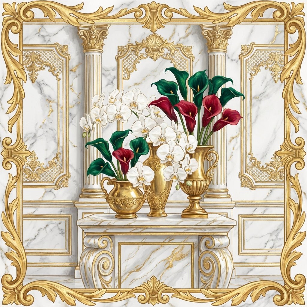 Elegant floral arrangements at a museum gala, featuring orchids and calla lilies.