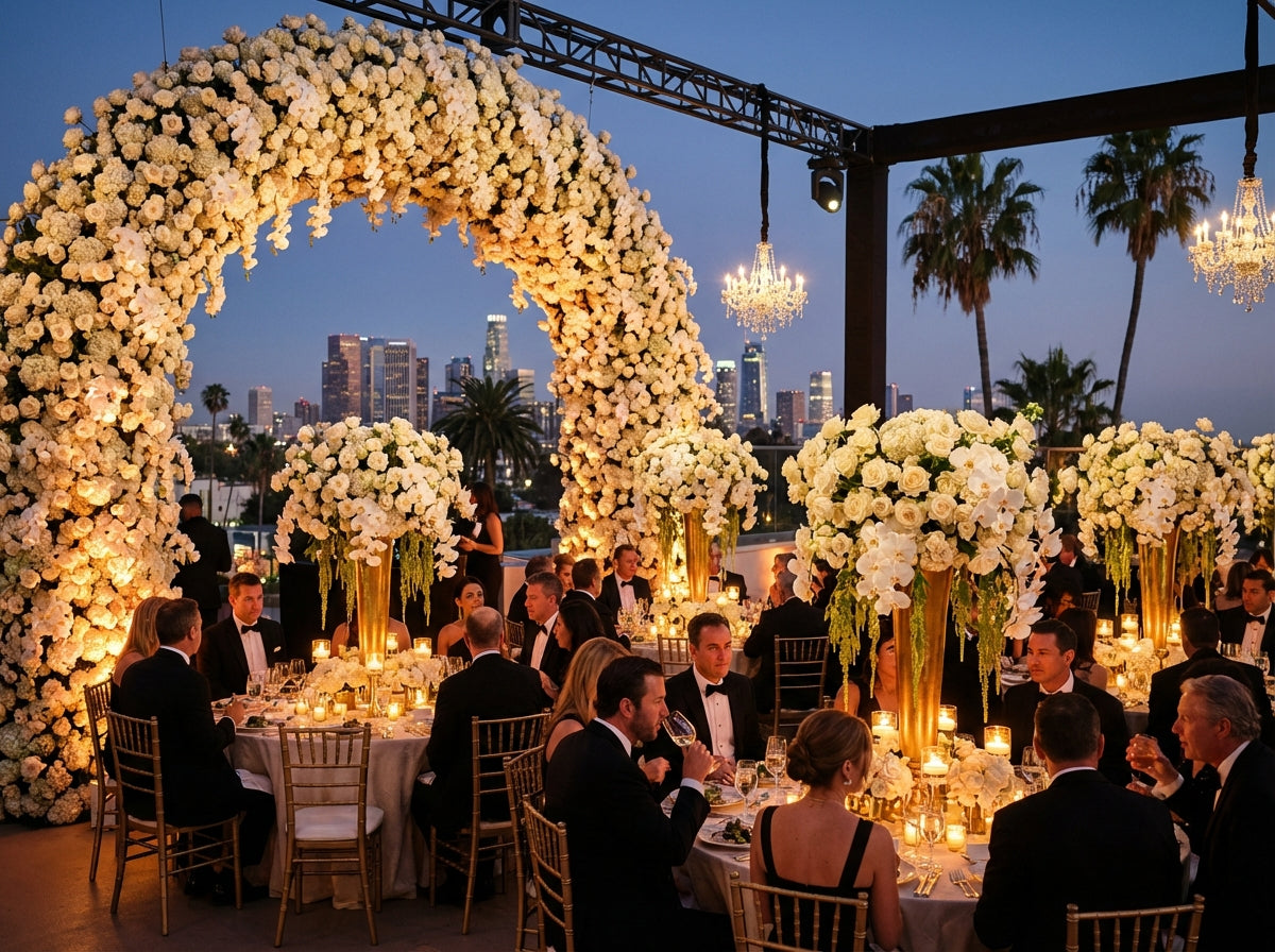 Spectacular corporate rooftop gala with dramatic floral installations at The West Hollywood EDITION