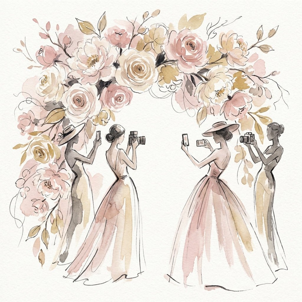 Seasonal flower photo op installation with attendees taking photos