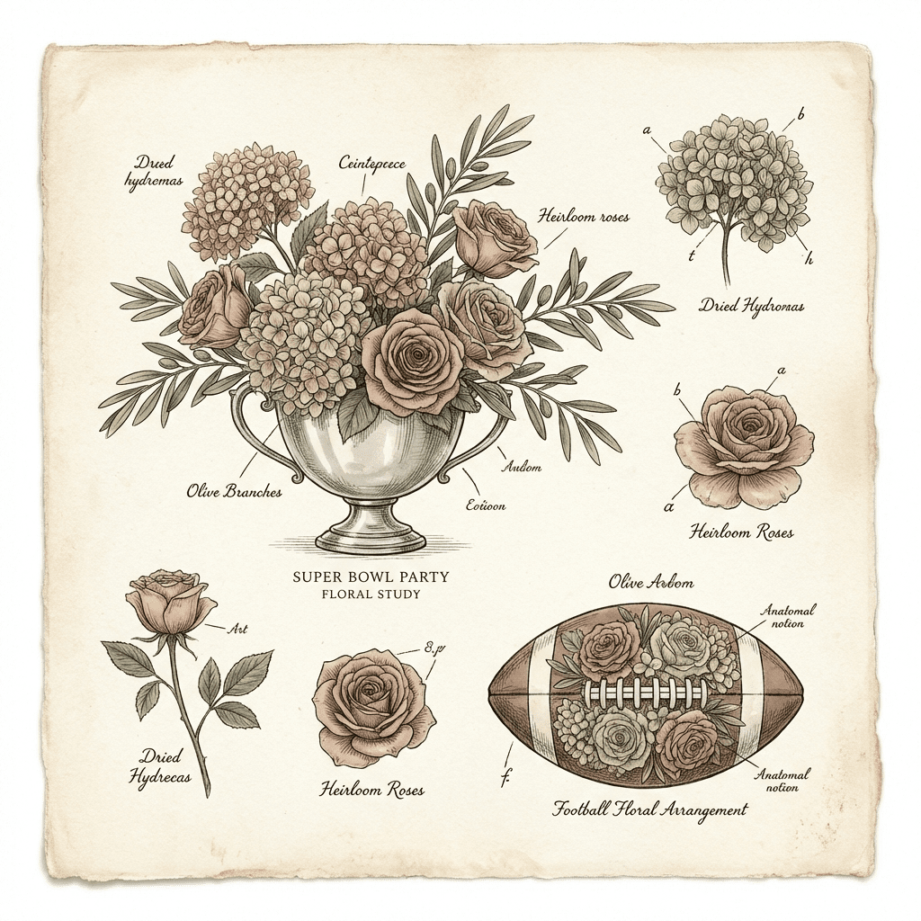 Festive Super Bowl party with elegant floral arrangements