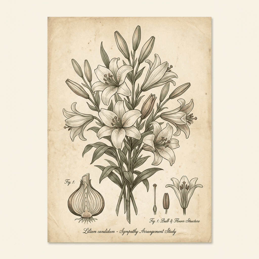 Elegant white lily sympathy arrangement