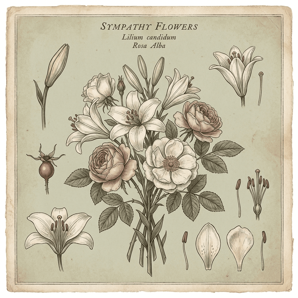 Elegant sympathy flower arrangement with white lilies and roses.