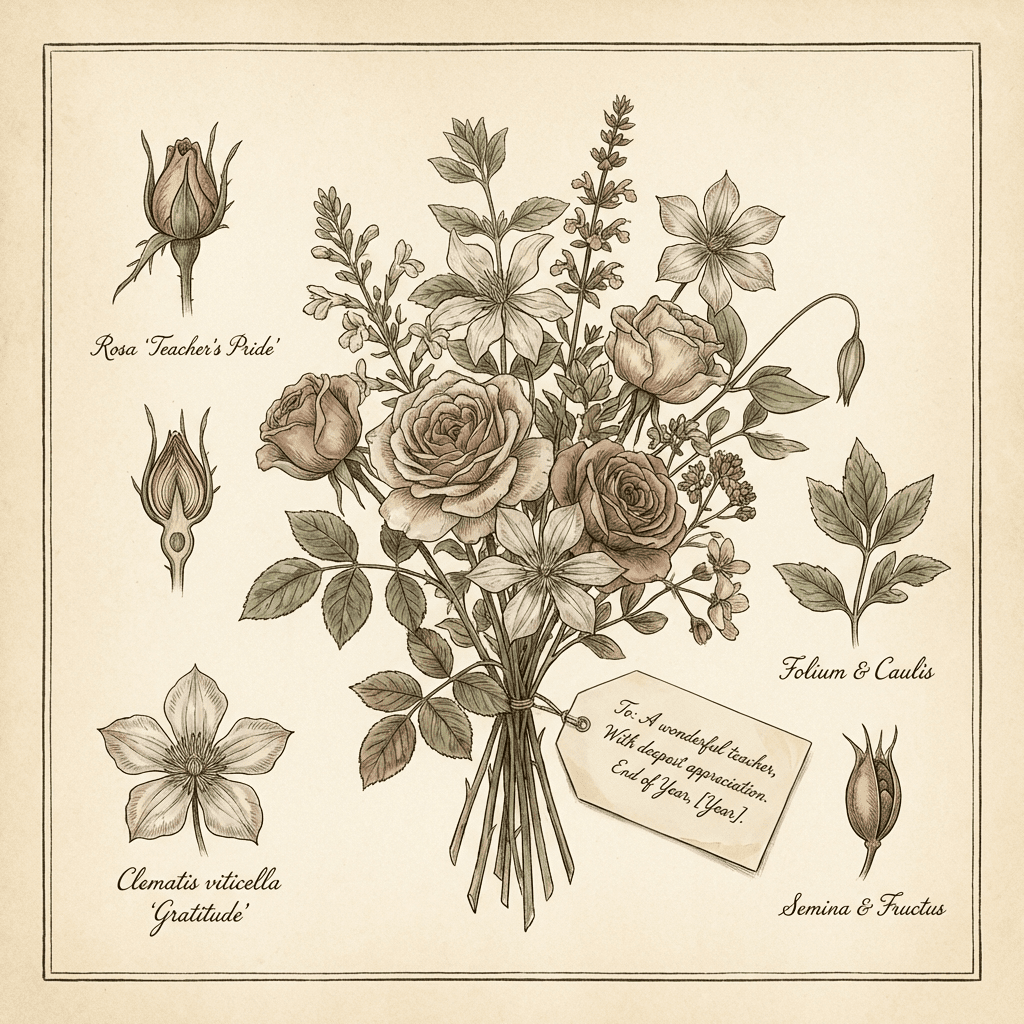 Bouquet of teacher appreciation flowers with a handwritten thank you note