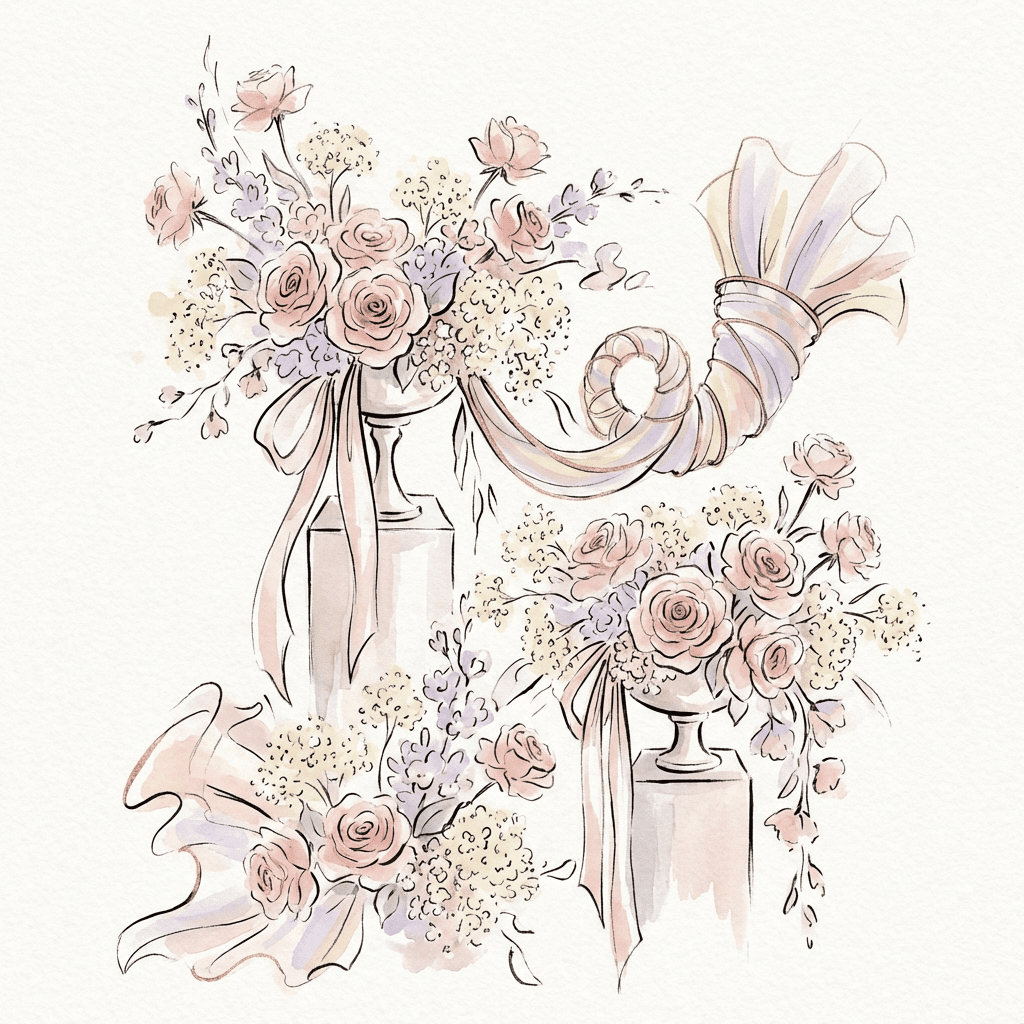 Pastel unicorn party flower arrangement with roses and baby's breath.