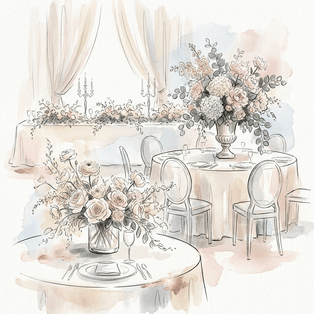 Elegant wedding reception featuring various floral centerpieces on round tables.