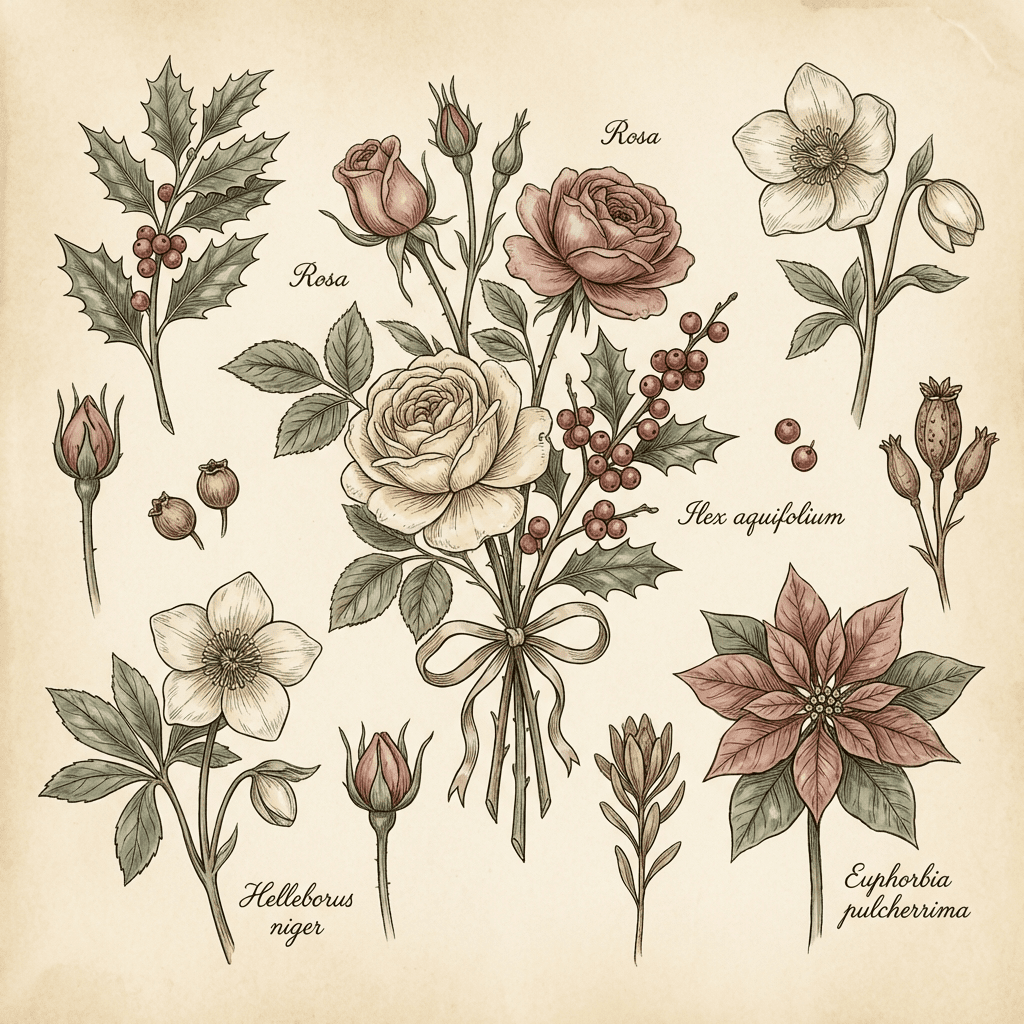 Beautiful winter birthday flower arrangement with roses and berries.