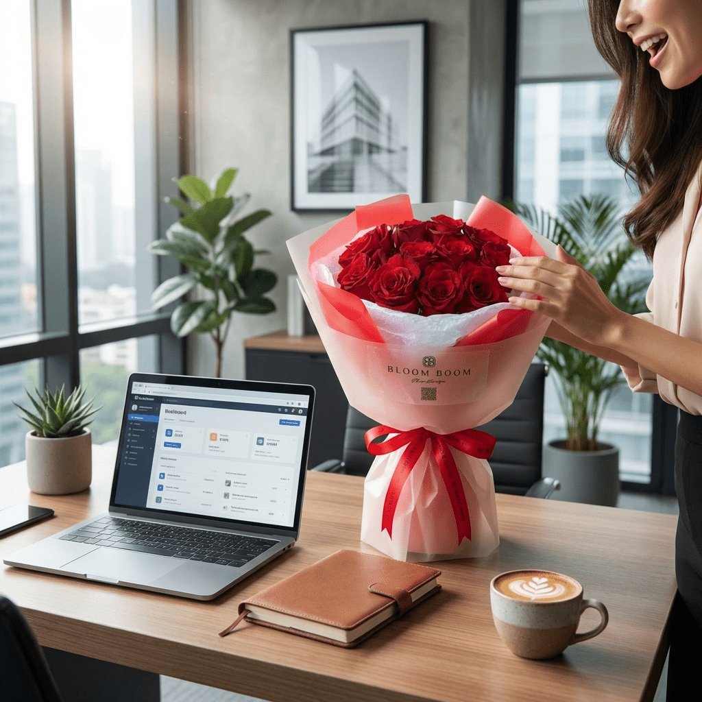 Crimson Devotion flower arrangement - a large bouquet of deep red roses wrapped in translucent pink paper with a red ribbon, presented in an office setting