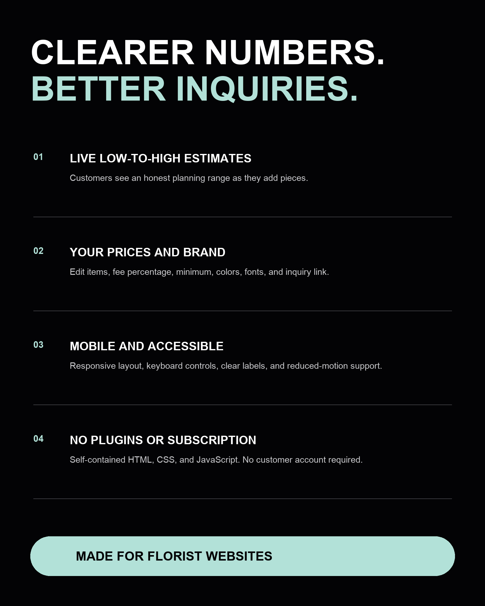 Florist calculator customization and accessibility features