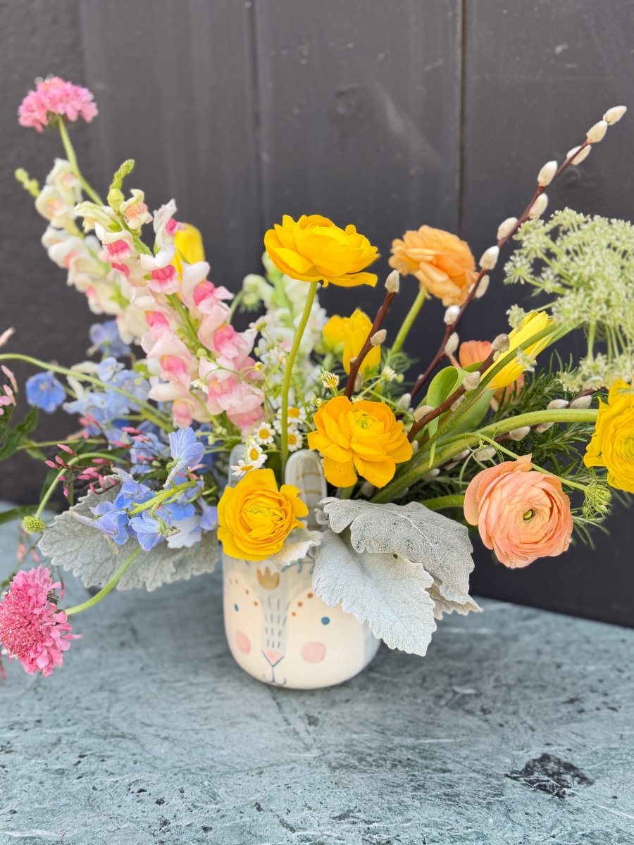 Hop into Spring! Ranunculus, Snap Dragon, Scabiosa Arrangement