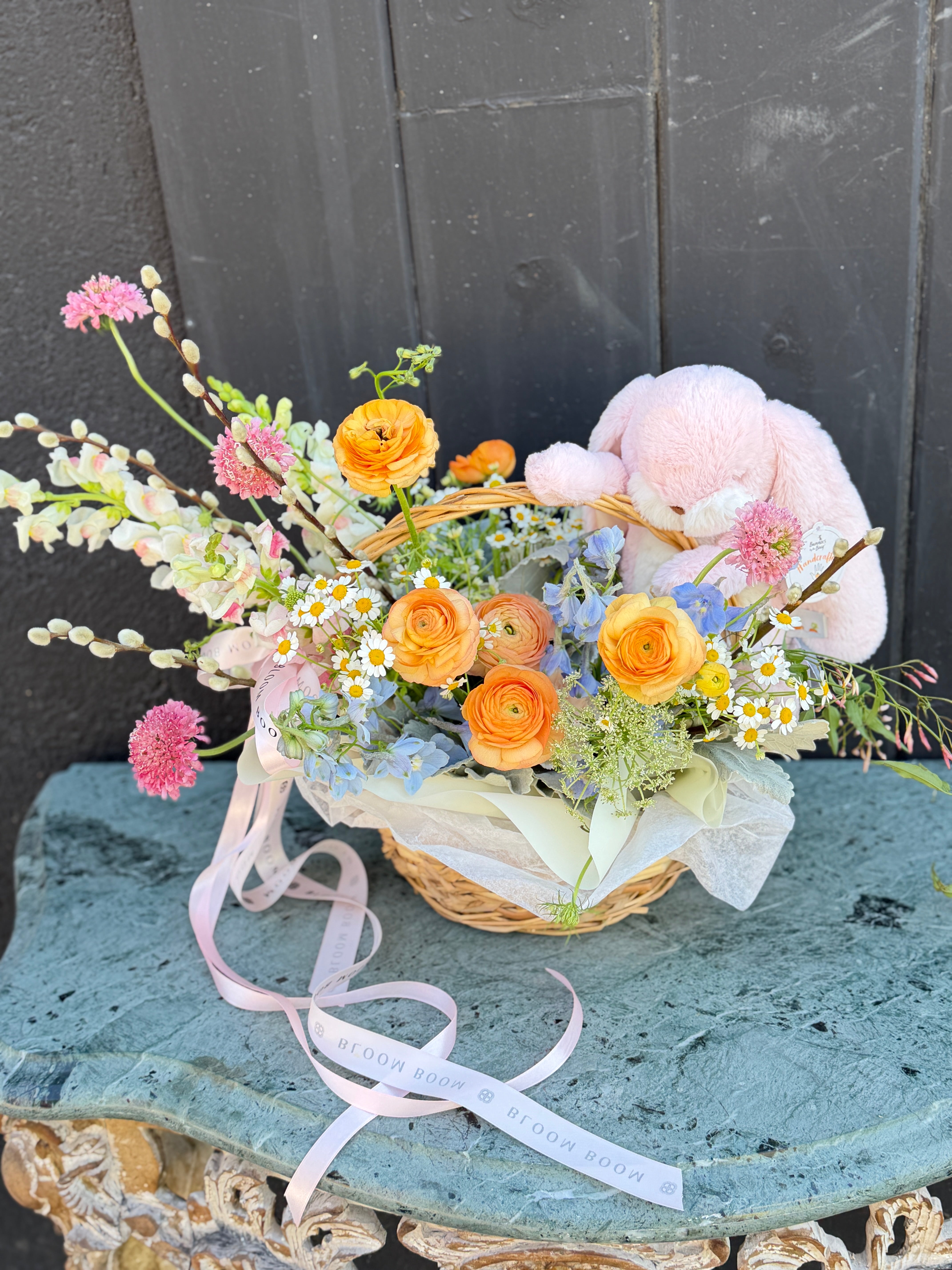 Easter Bunny's Flower Basket-Ranunculus, Scabiosa, Snap Dragons, Jasmine