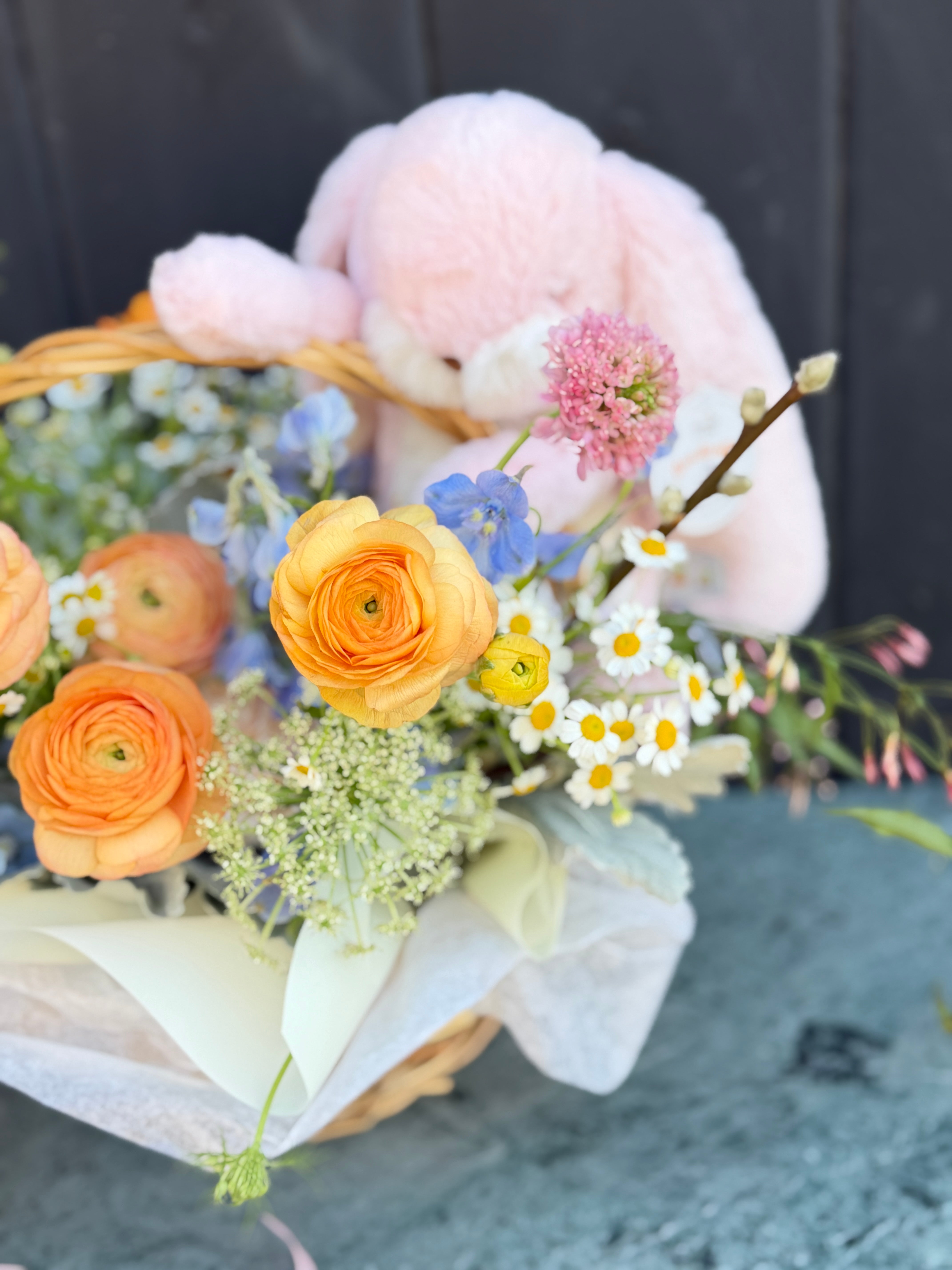 Easter Bunny's Flower Basket-Ranunculus, Scabiosa, Snap Dragons, Jasmine