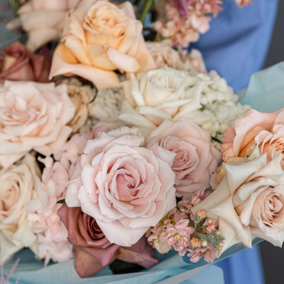 Bouquet "Vanilla Sky" with rose hydrangea and delphiniums