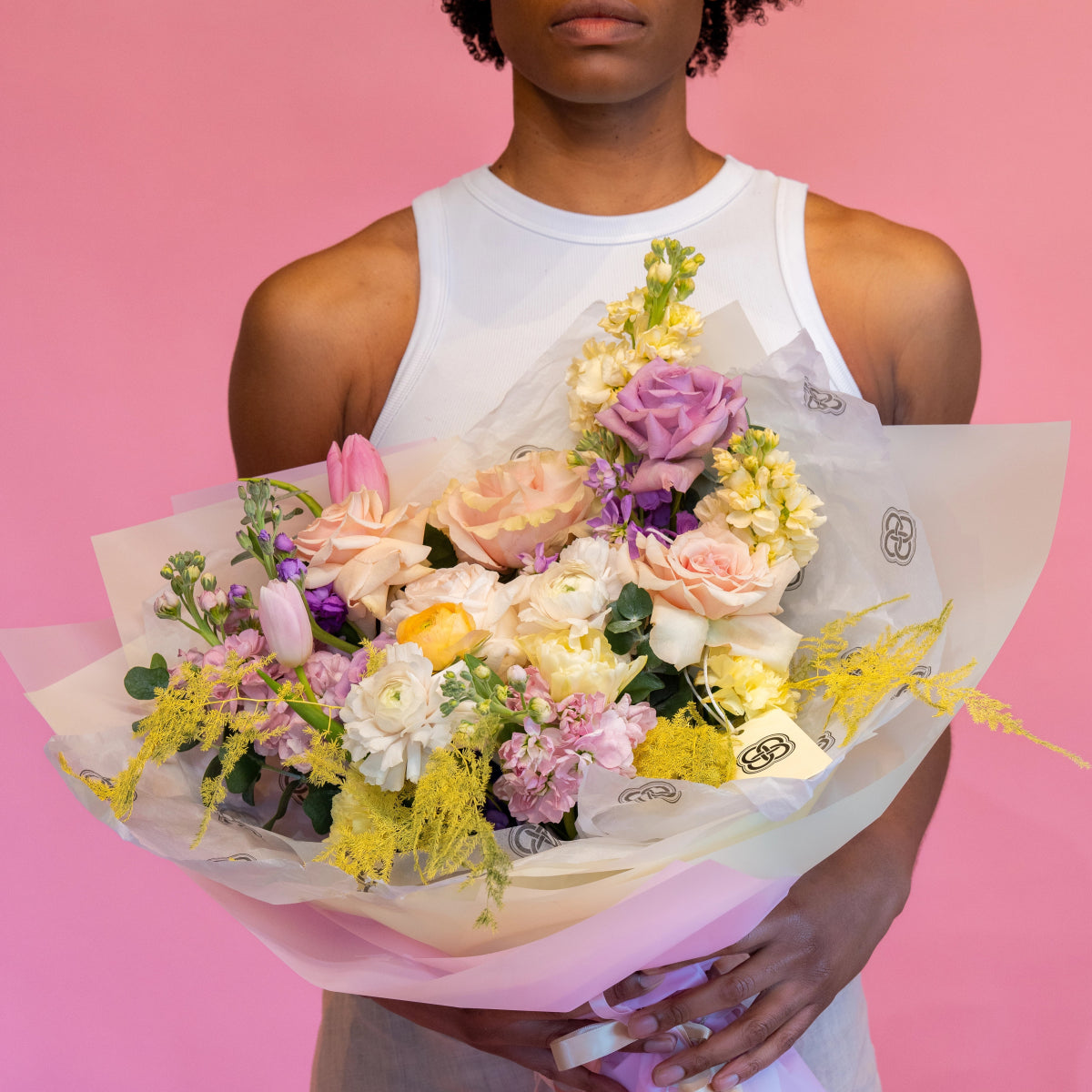 Simple bouquet "Bubble gum" with roses and tulips