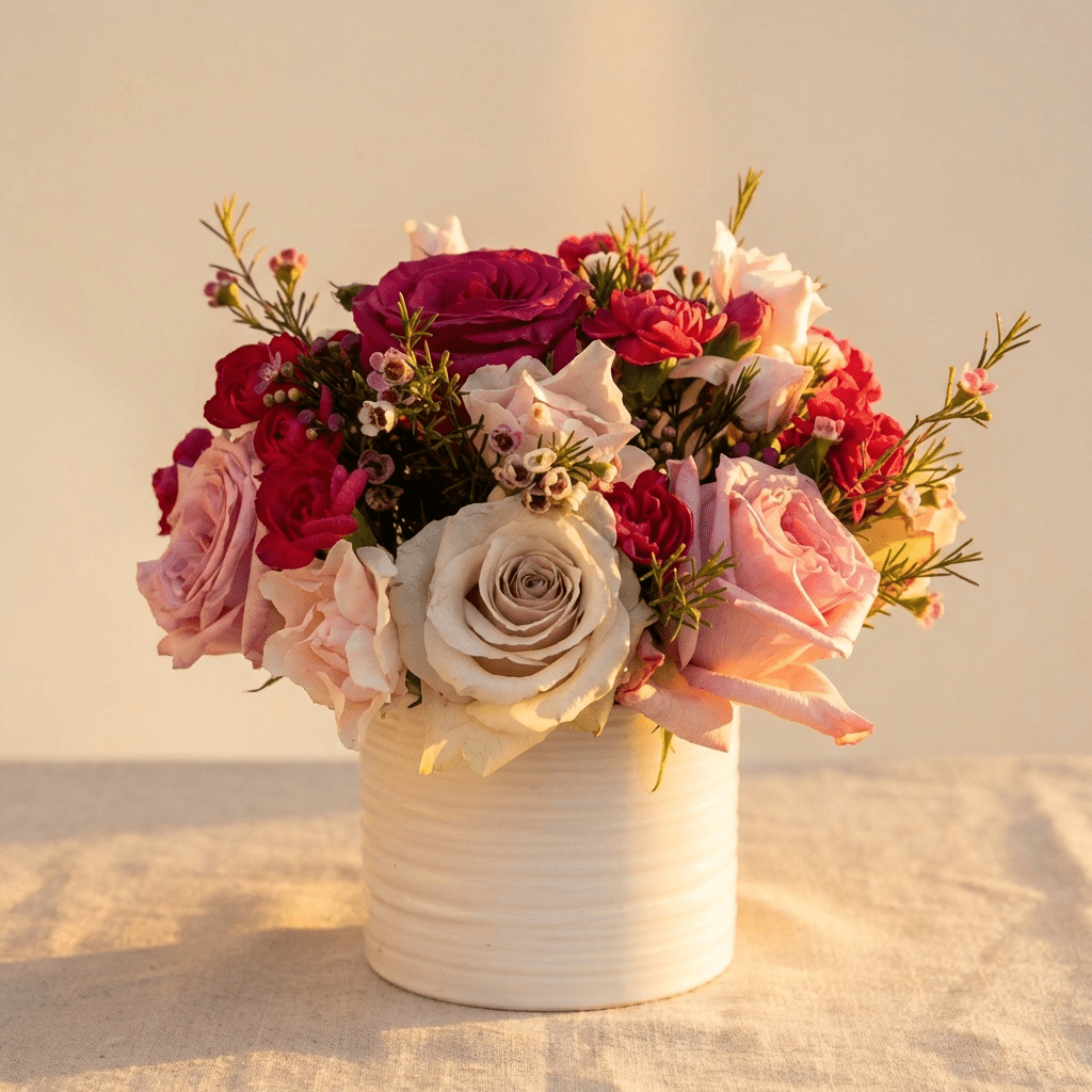 Berry Twilight flower arrangement - close up of antique lavender, blush, and deep magenta roses with waxflower accents in a white ribbed vase