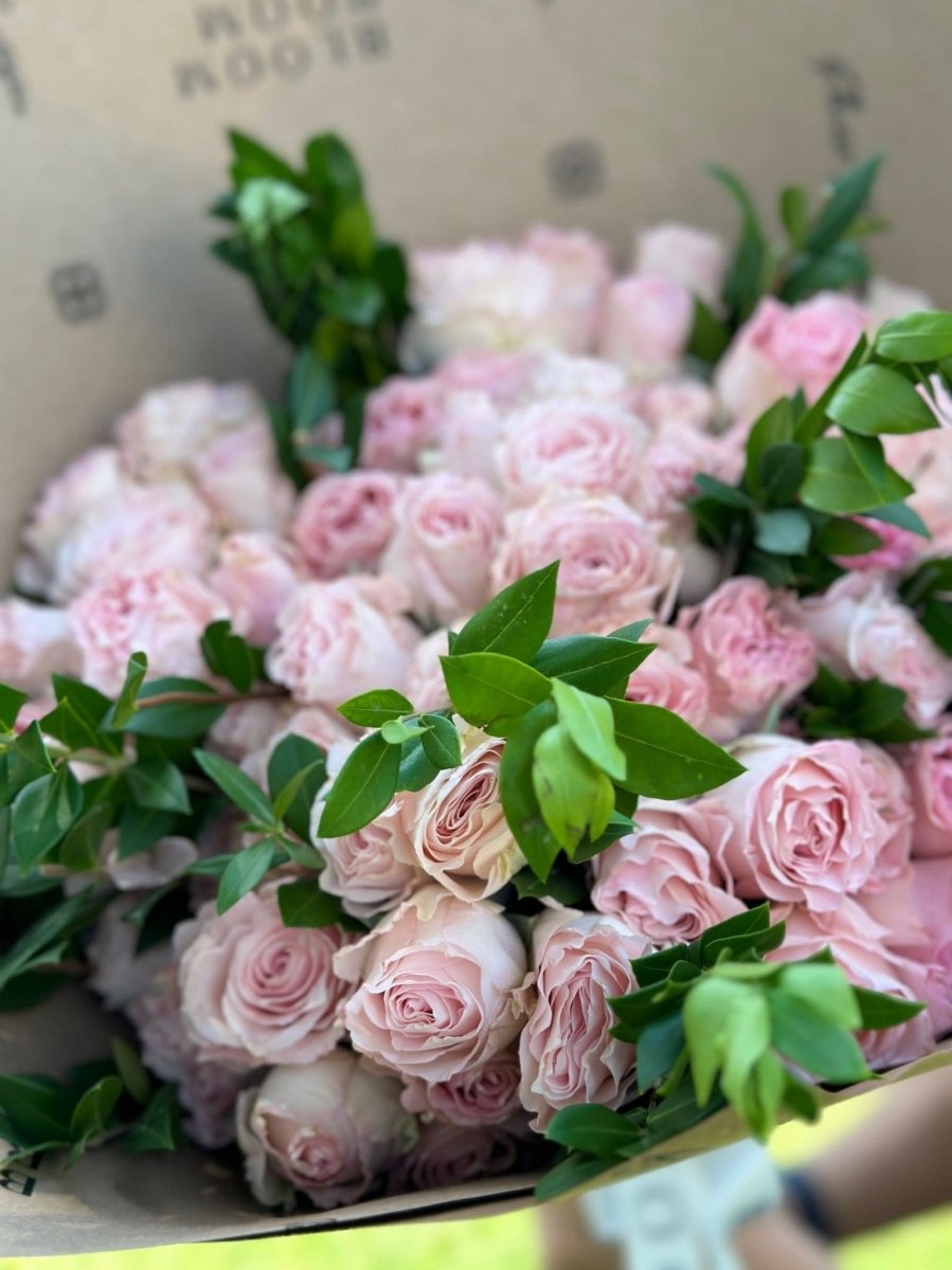Fresh blush pink roses with green foliage arranged in elegant bouquets wrapped in brown paper
