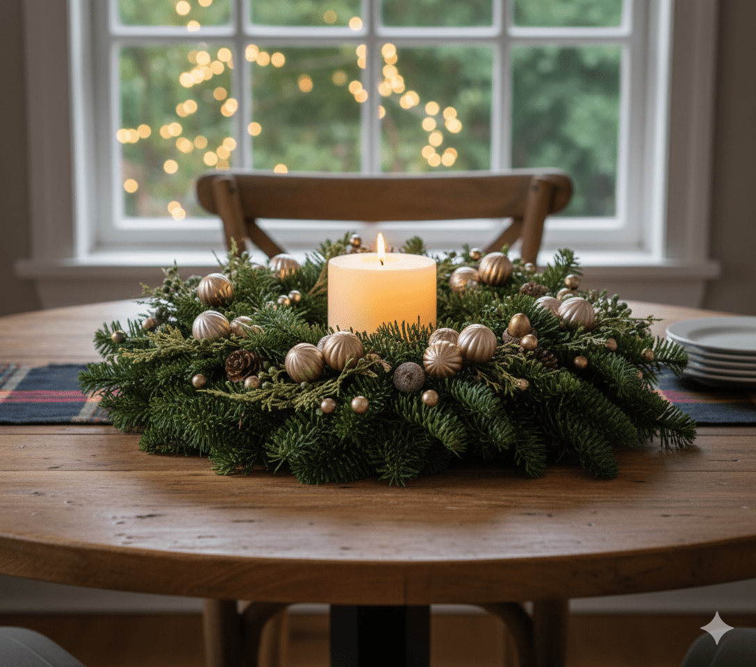 Rustic Christmas centerpiece with lit cream candle, evergreen wreath, gold ornaments on wooden dining table