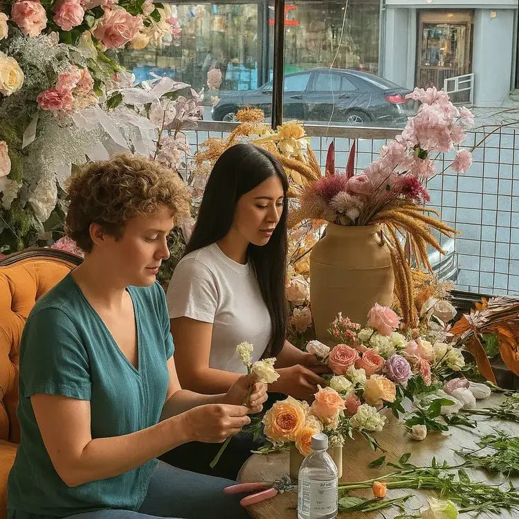 Bloom Boom instructor guiding guest during centerpiece workshop