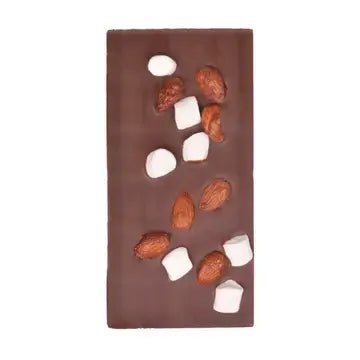 Dark chocolate bar topped with white marshmallows and roasted almonds on white background
